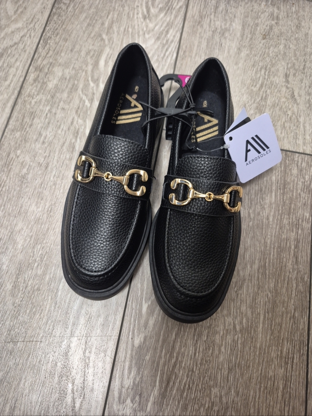 AEROSOLES Womens' BRAYLA Black Pebbled Leather Loafers with Gold Bit